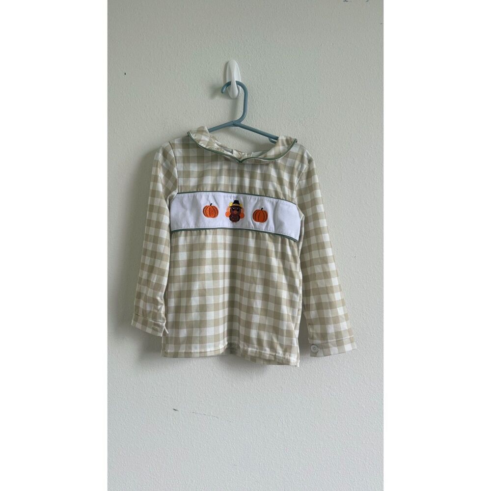 Kids Size 4 Thanksgiving Shirt Turkey Pumpkin Gingham Smocked Boutique Top